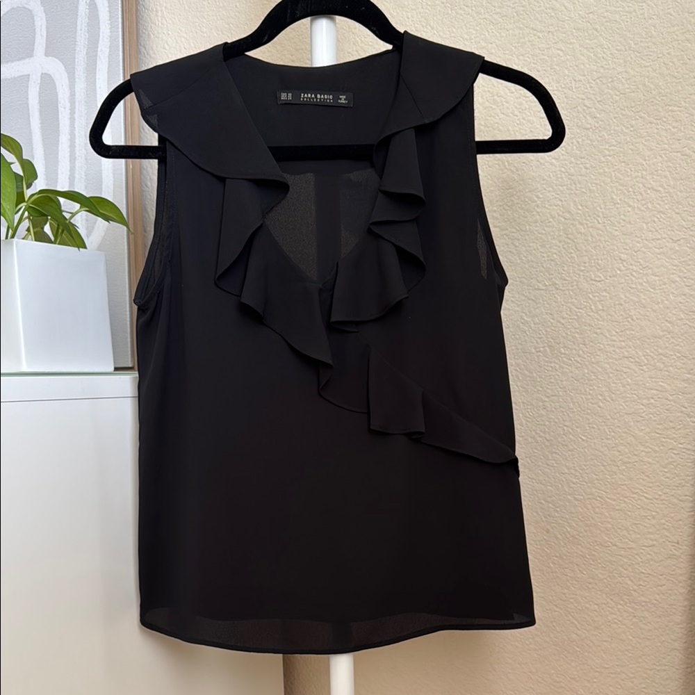 ZARA Basic Collection Black Ruffled Sleeveless Top